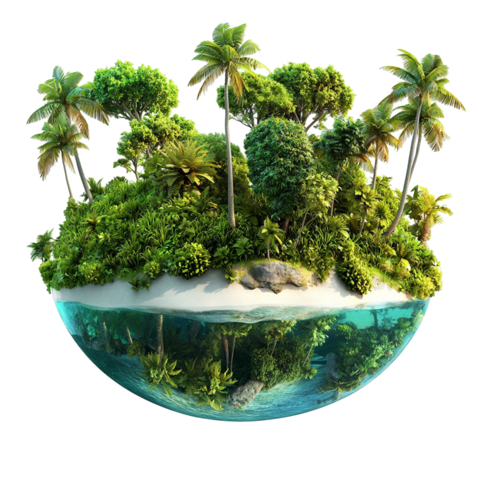 Lush tropical isl floating in the sky tall palm trees png