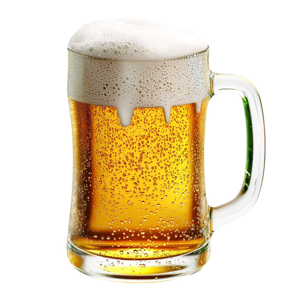 Chilled glass mug filled frothy golden beer ready to drink png