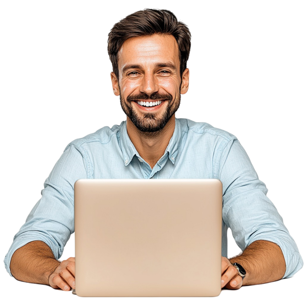 Smiling man working on a laptop a cheerful expression png