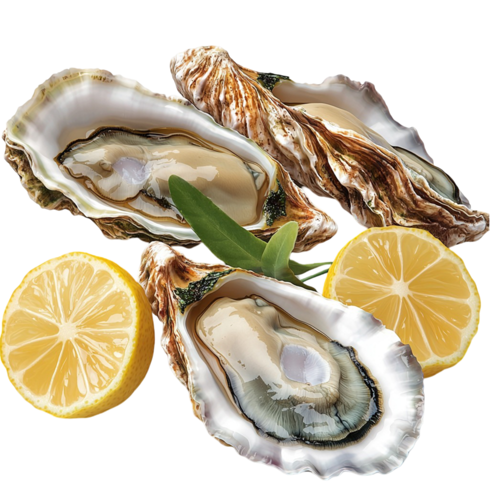 ly shucked oysters served lemon slices green leaves png