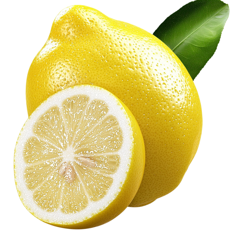 yellow lemon a juicy sliced half a green leaf png
