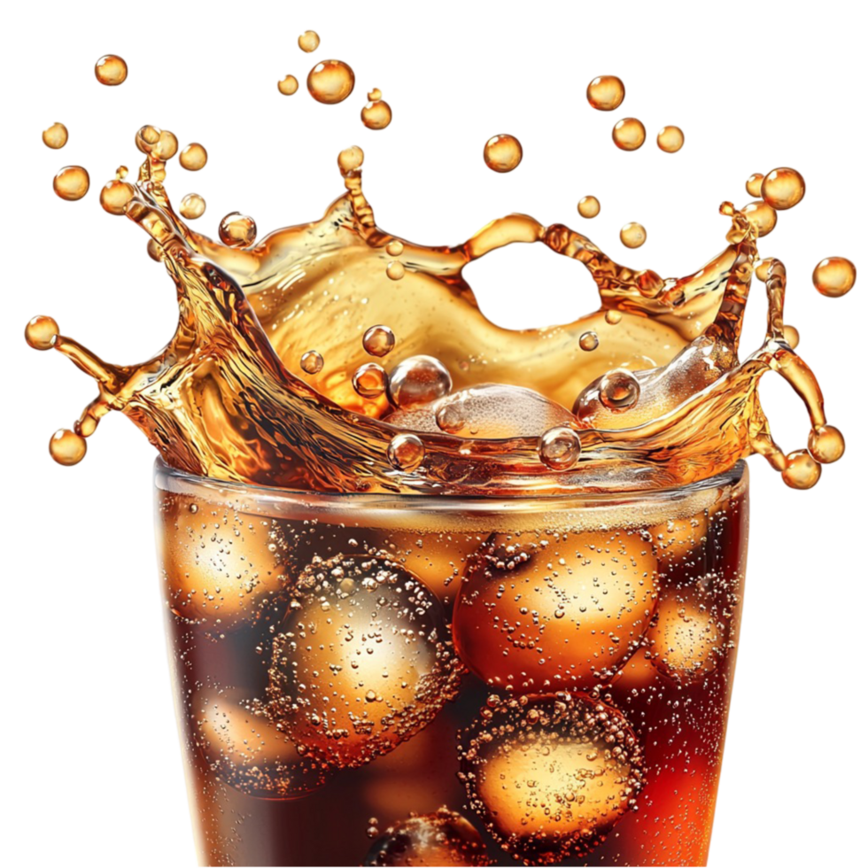 Reing glass of iced cola fizzy bubbles floating ice cubes png