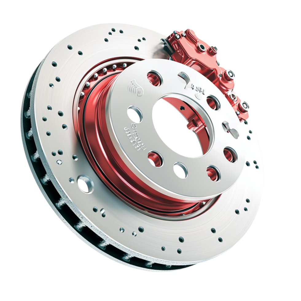 Shiny metallic brake disc red calipers intricate mechanical details png