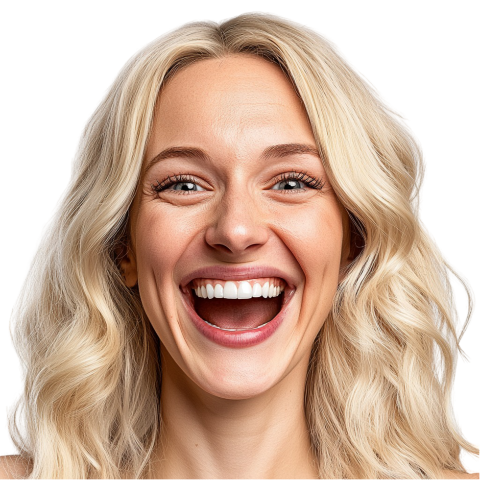 Happy blonde woman eyes a wide joyful smile png