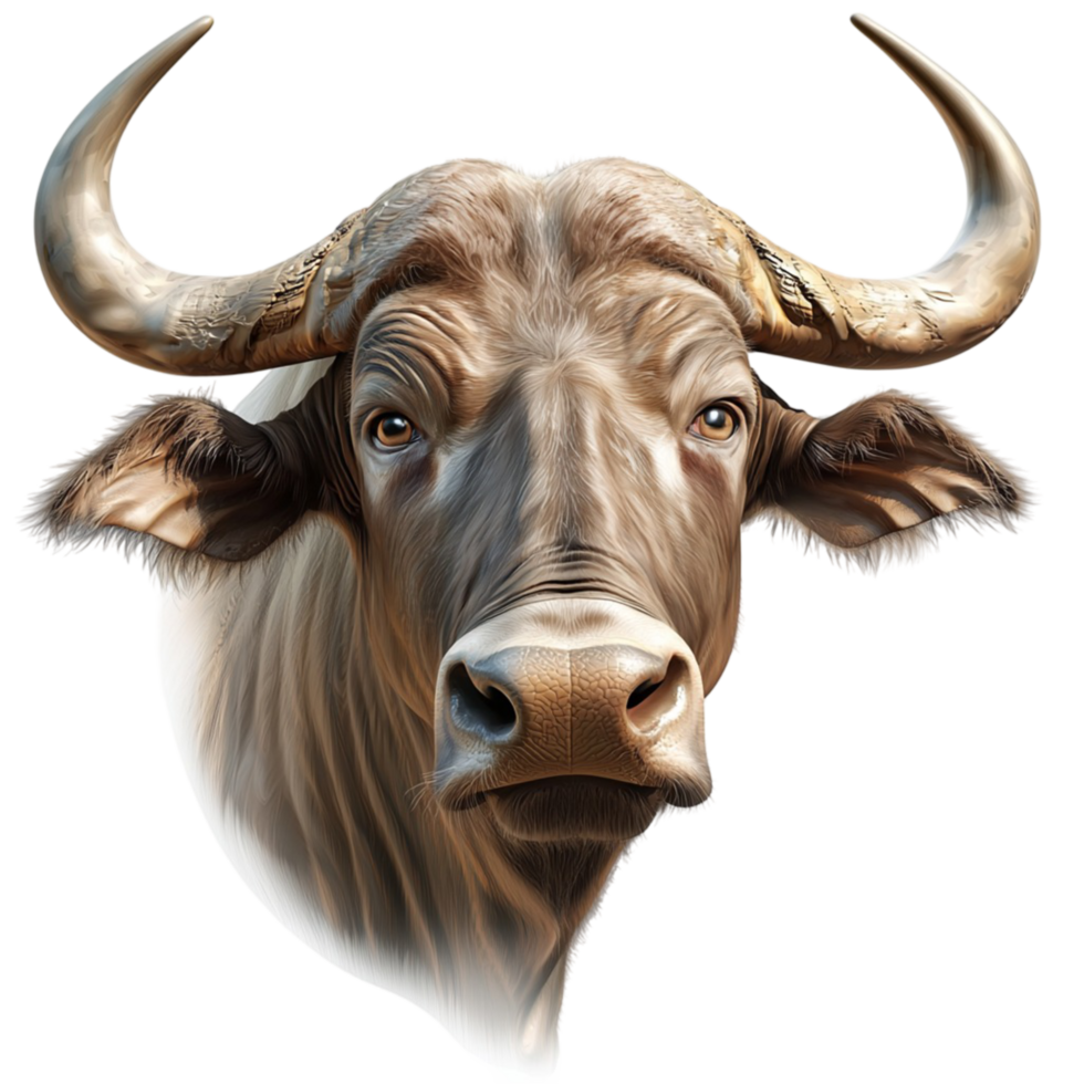 Powerful buffalo sharp horns intense eyes looking forward png