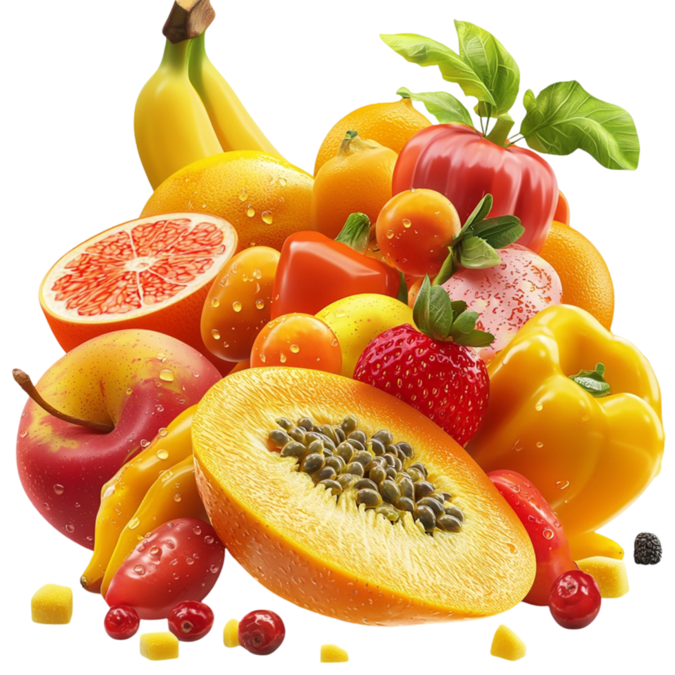 Colorful assortment of tropical fruits including papaya bananas png