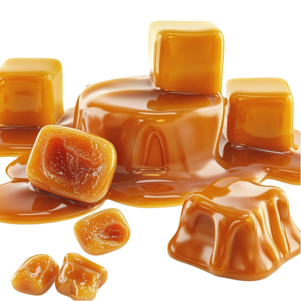 Gooey caramel pieces melting into a golden puddle png