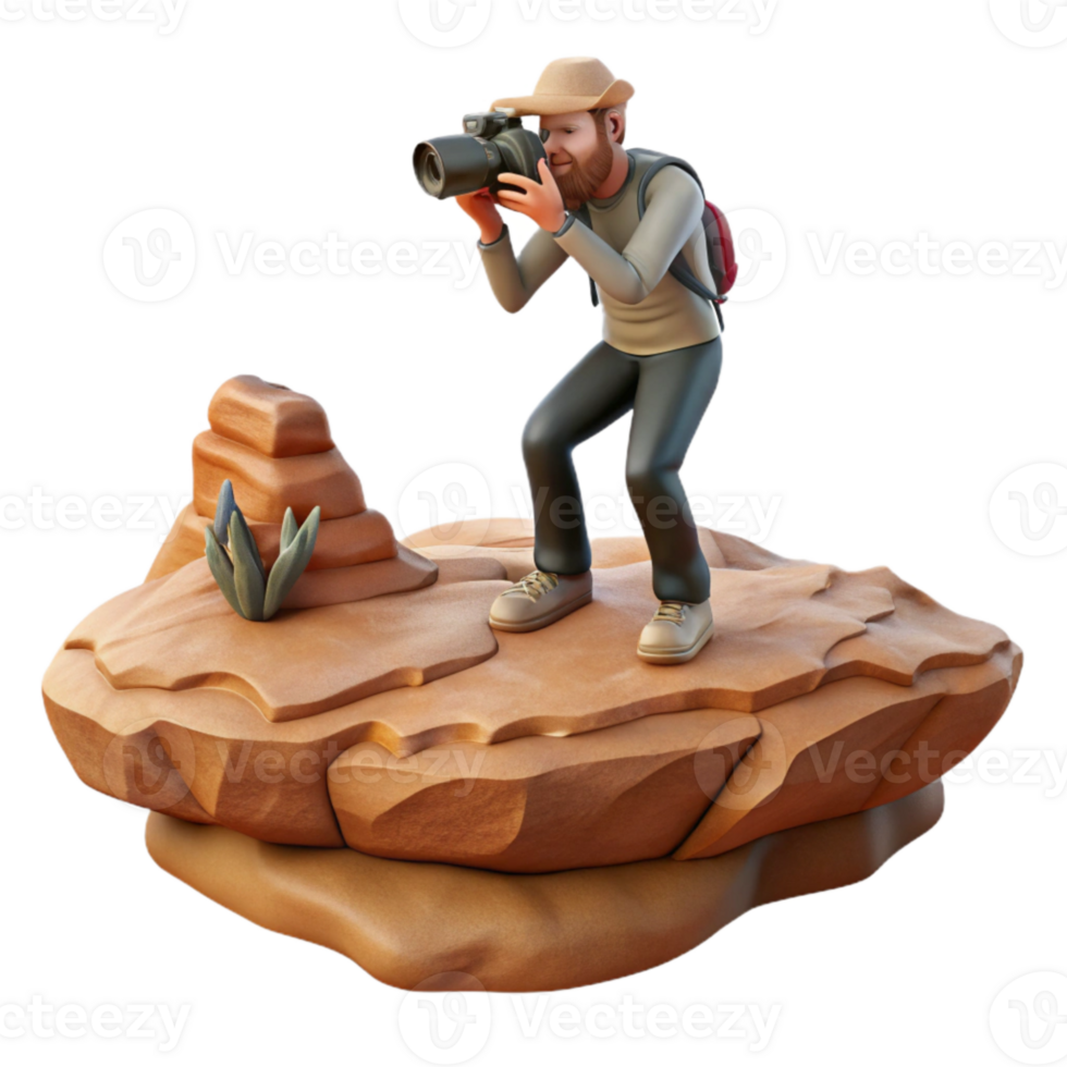 extraordinary contemporary Photographer on Rock Formation with Desert View Cutout detailed png