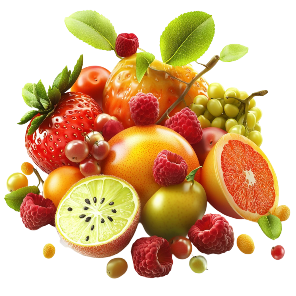 Colorful assortment of fruits including strawberries citrus slices png