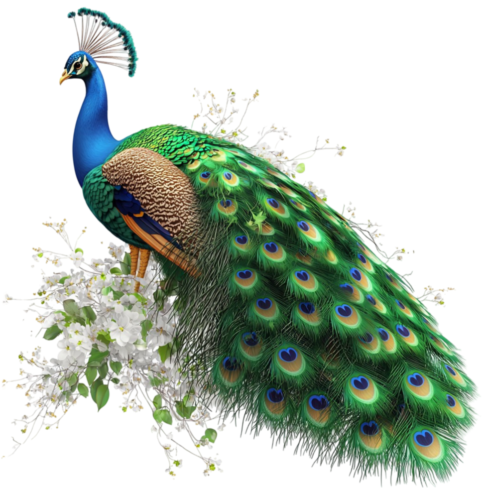 Beautiful peacock shimmering blue green feathers in full display png