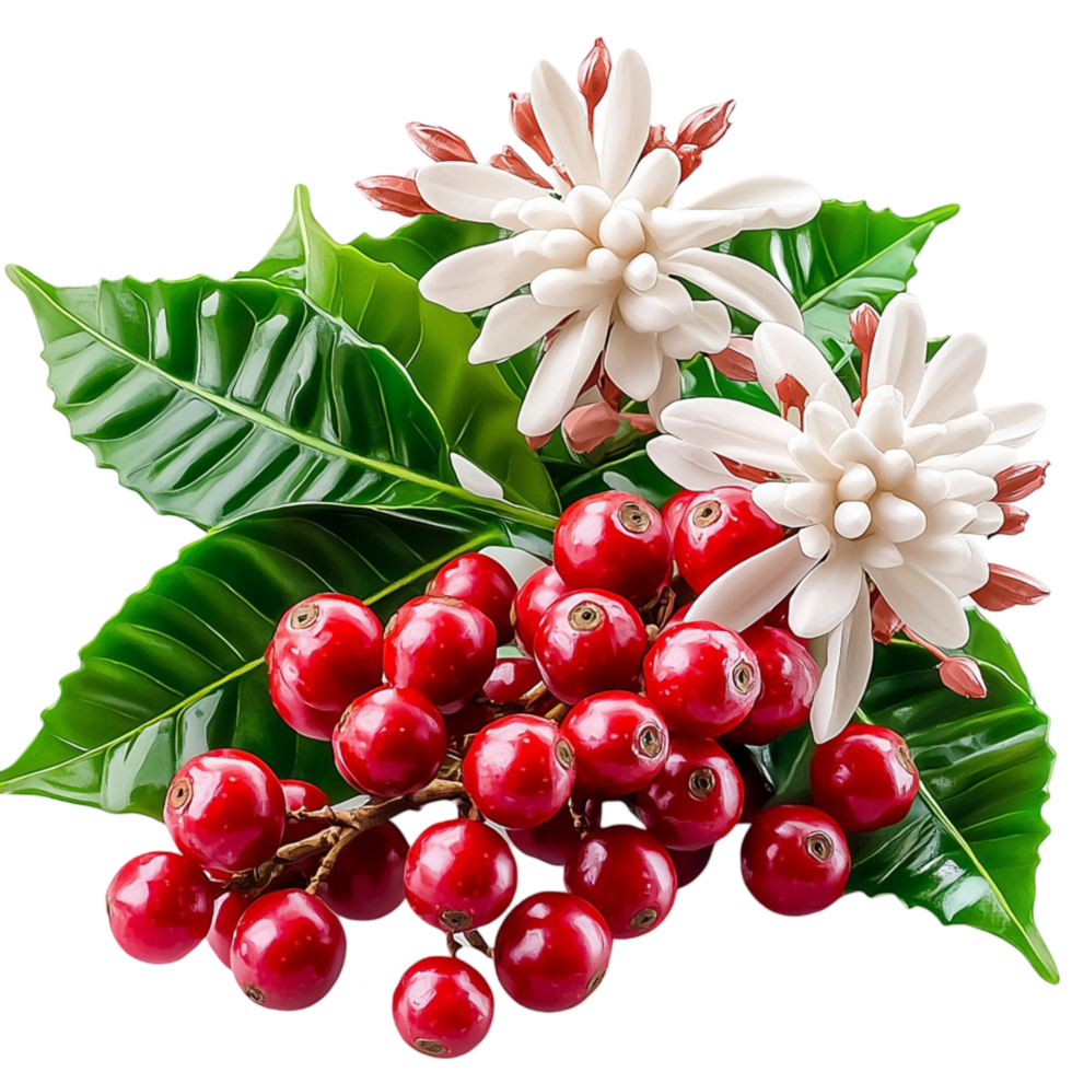 red coffee cherries white blossoms on a green leafy branch png