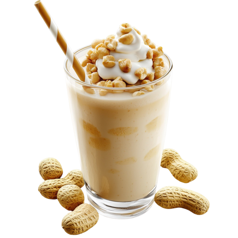 Creamy peanut butter milkshake topped nuts caramel png