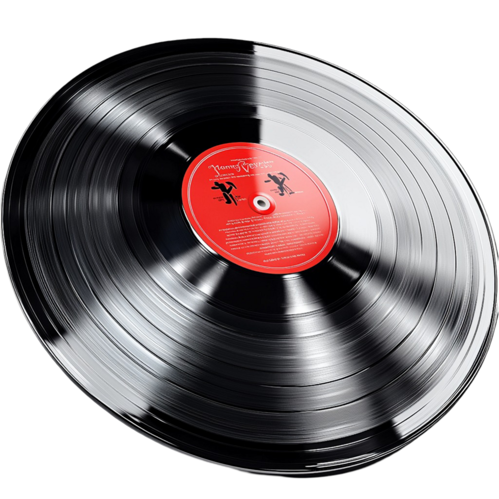 black vinyl record a red label glossy surface png
