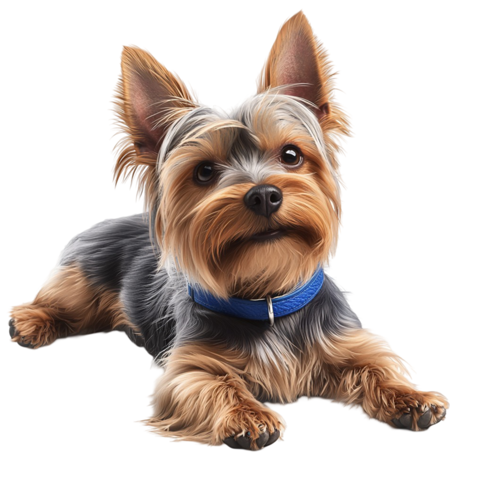 Small Yorkshire Terrier dog silky fur a blue collar png