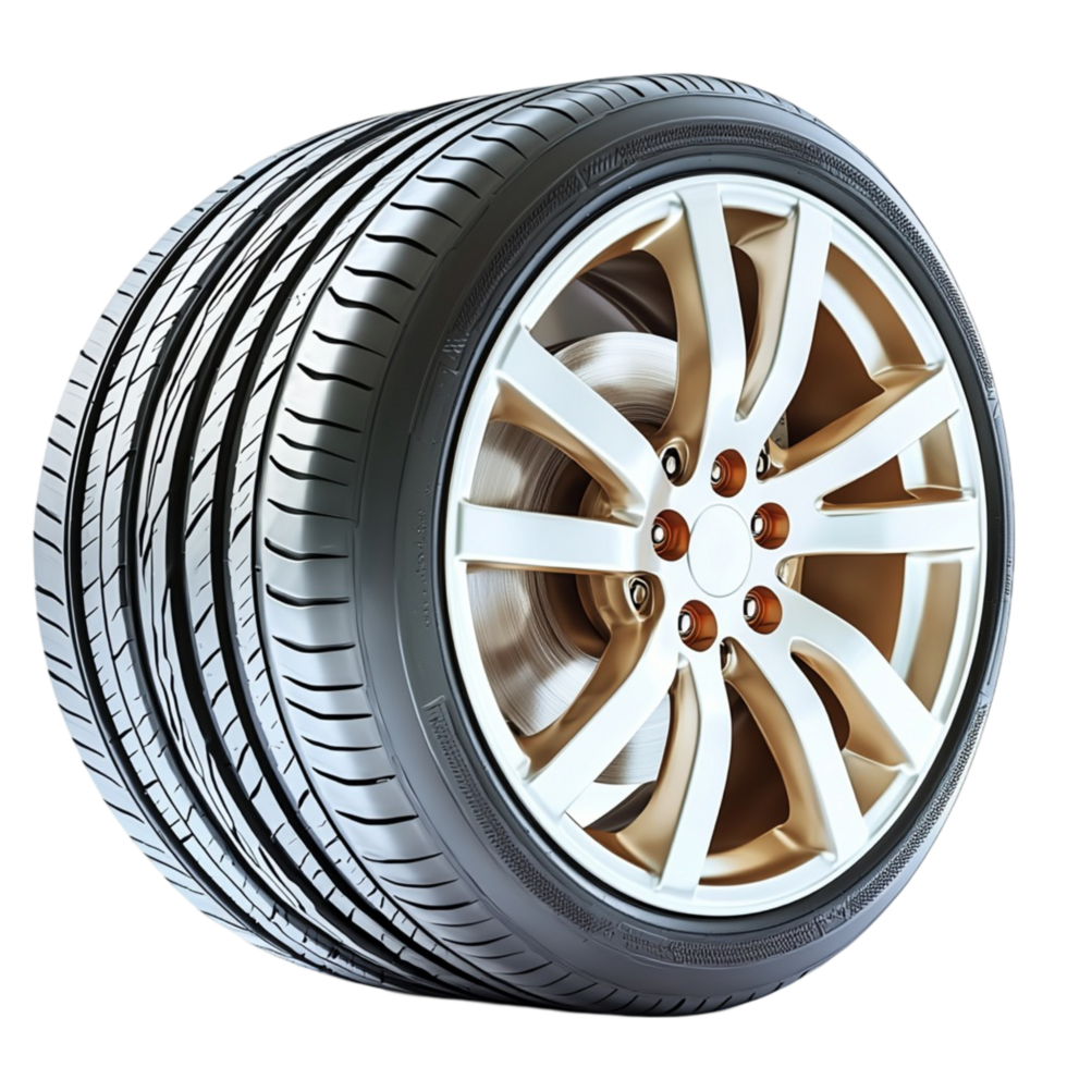 Shiny black car tire a golden alloy rim deep tread pattern png