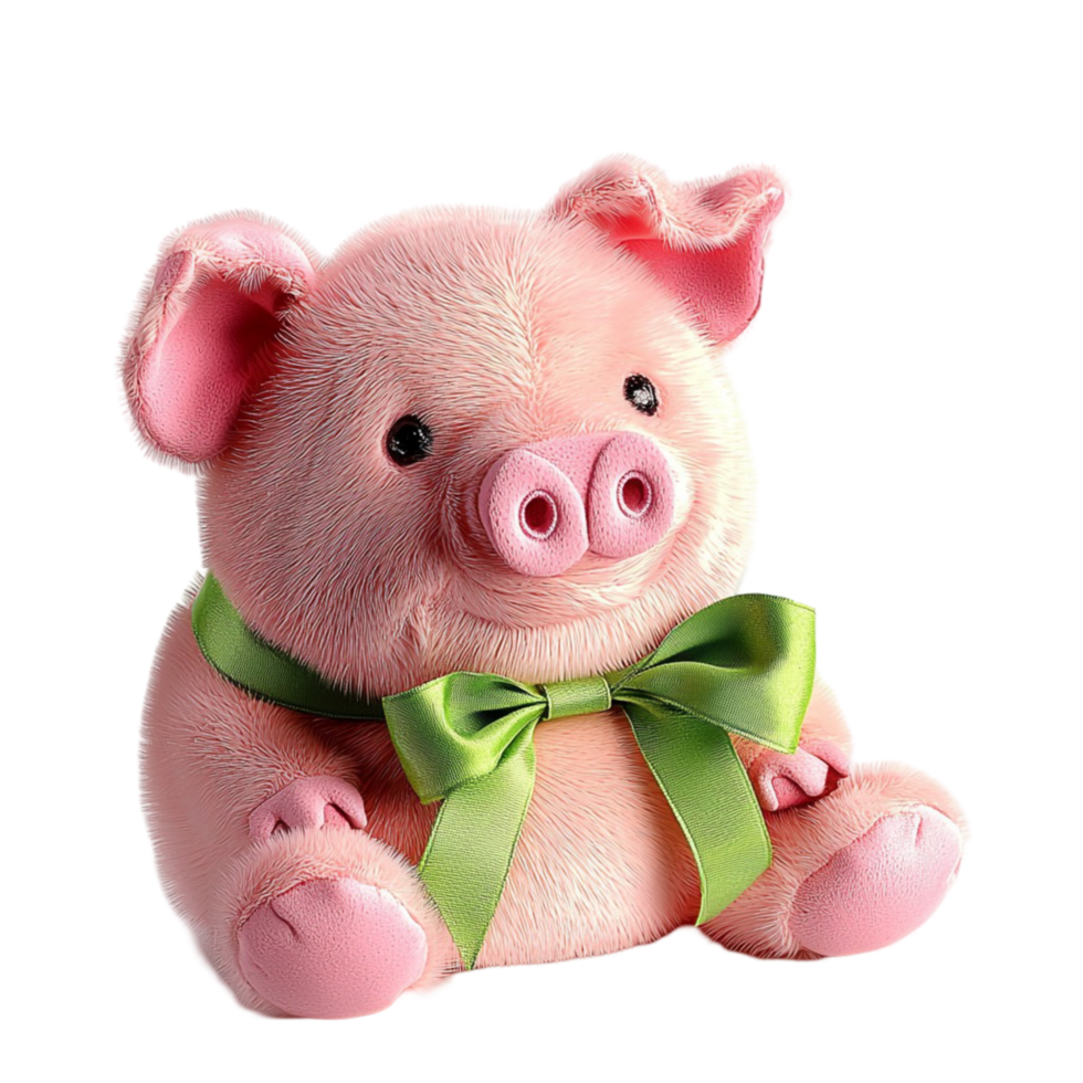 Cute pink piggy bank a green ribbon tied around its neck png