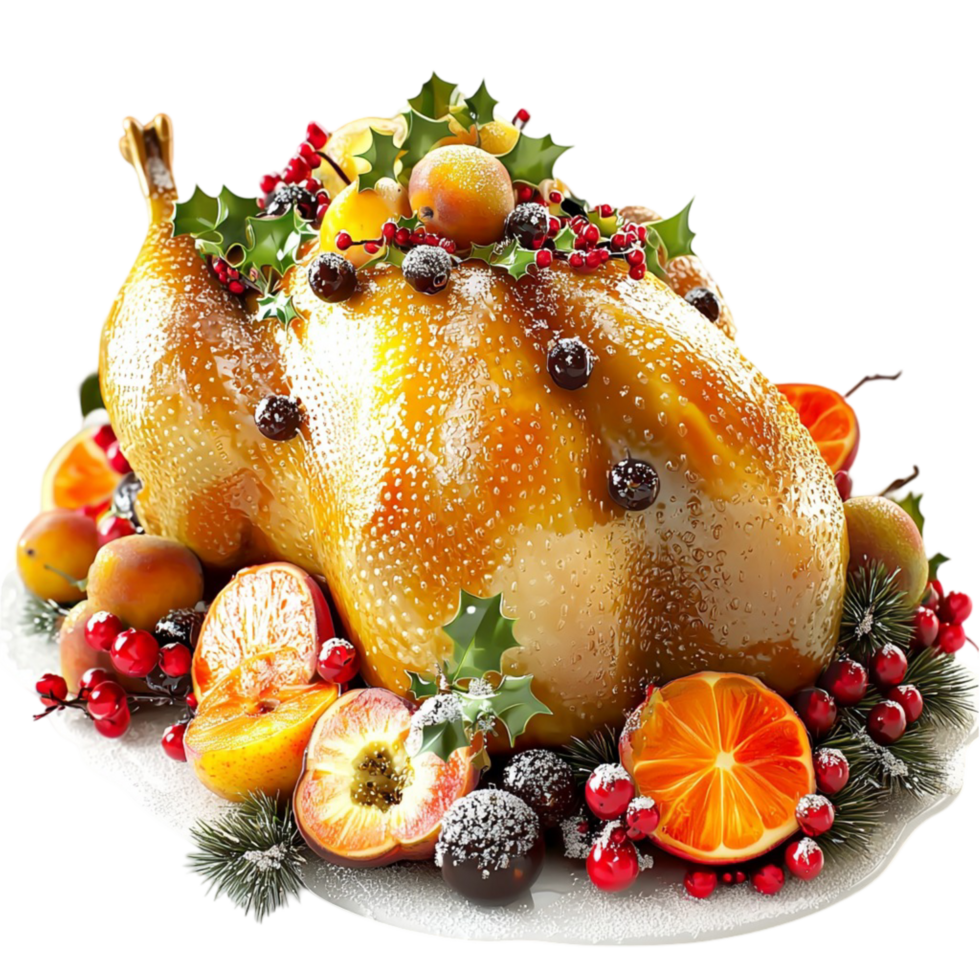 Golden roasted turkey decorated fruits herbs png