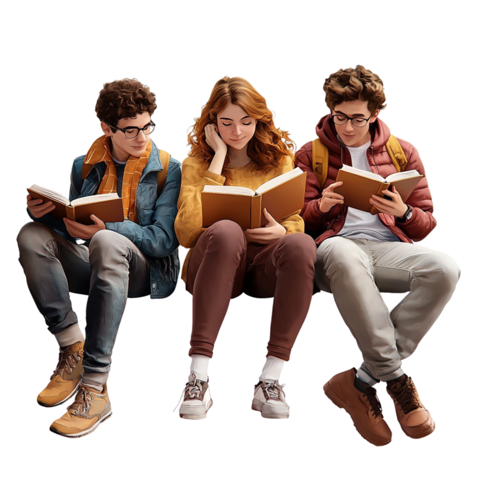 Three young students sitting together while reading books png