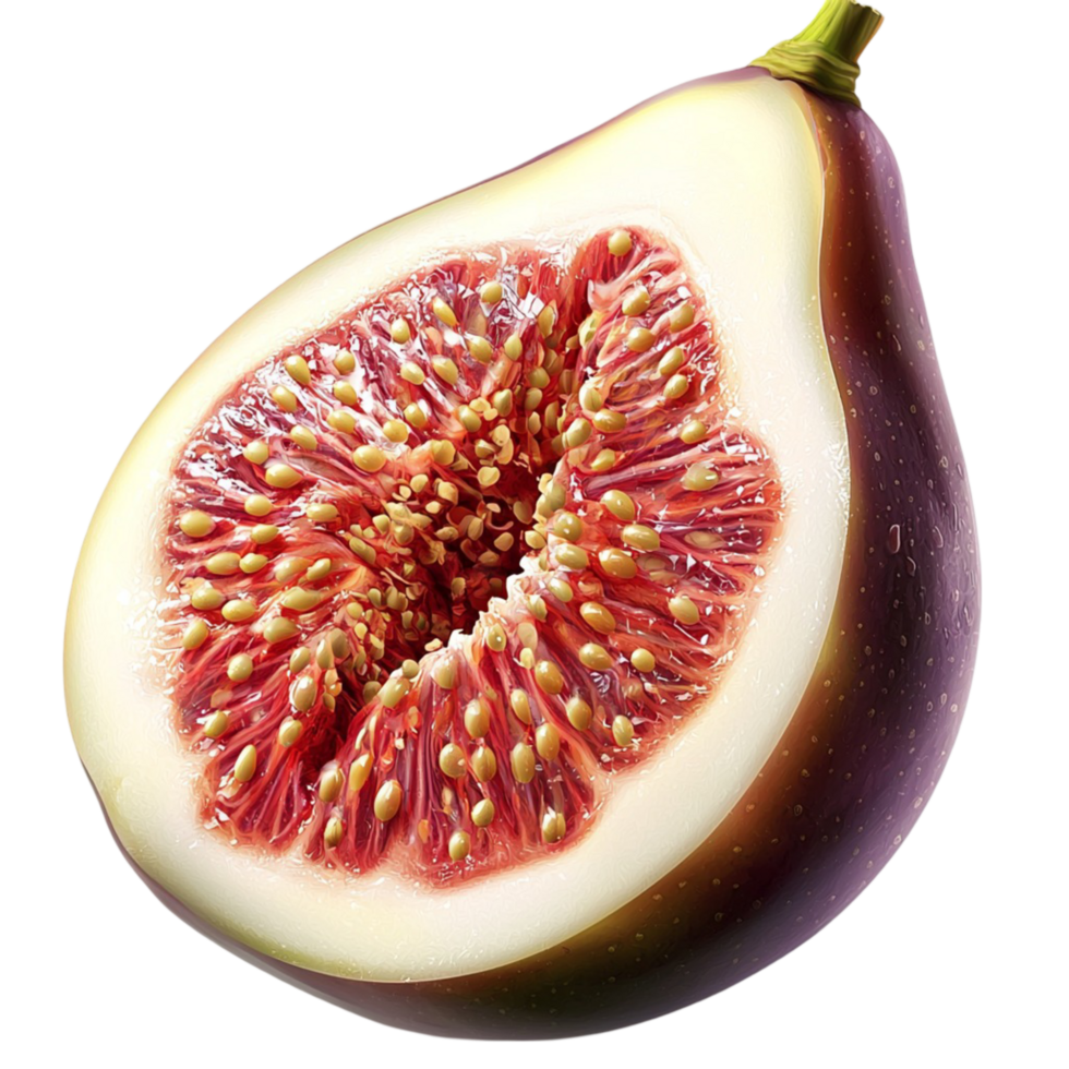 Ripe purple fig sliced open to reveal its juicy red interior png