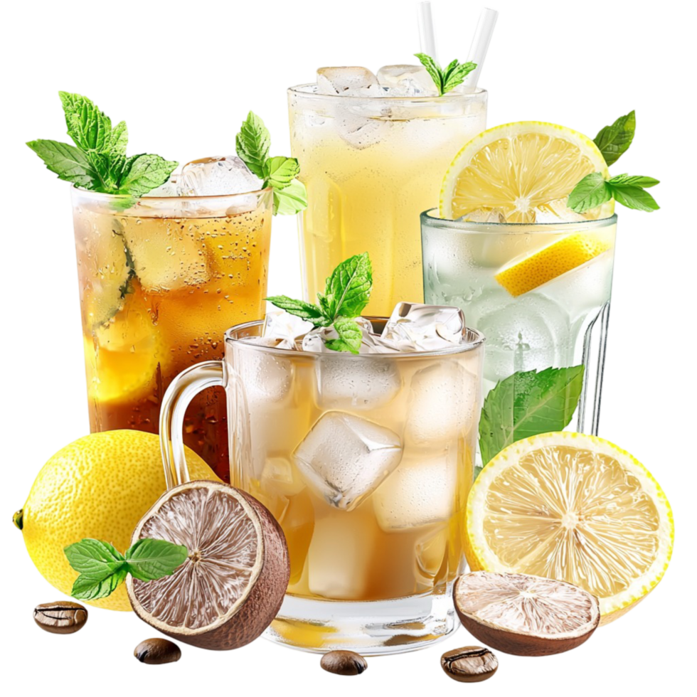 Reing citrus mint iced tea in tall glasses ice cubes png