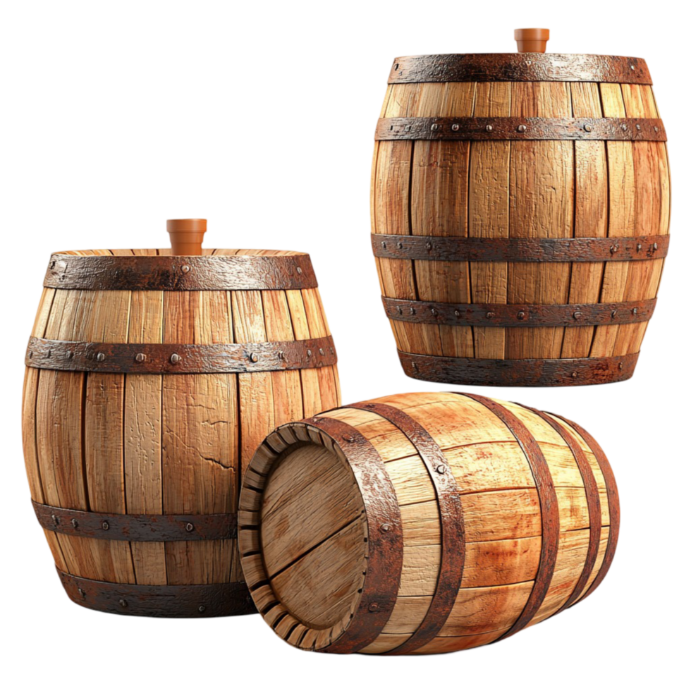 Three traditional wooden barrels metal bs placed together png