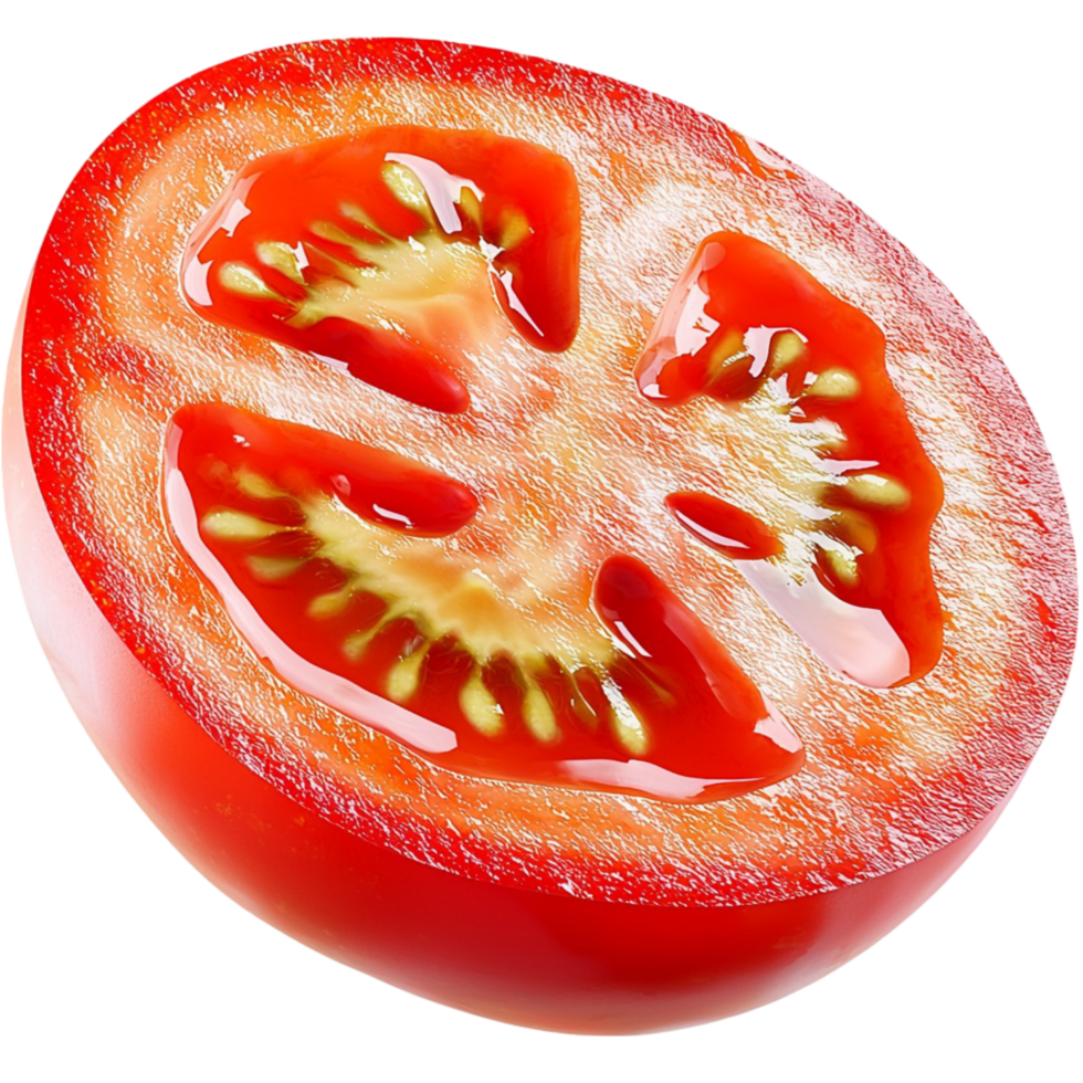 Juicy red tomato sliced in half showing its seedy interior png