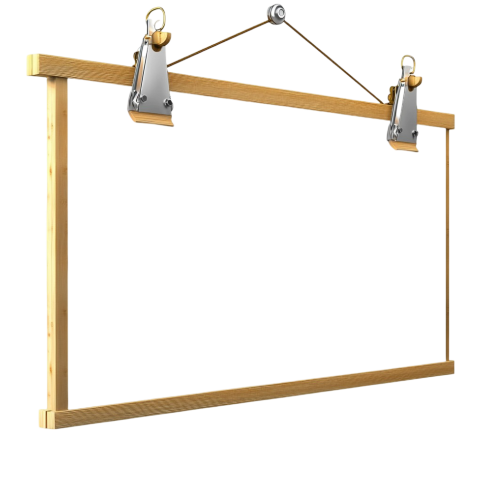Empty wooden picture frame hanging metal clips on a white png