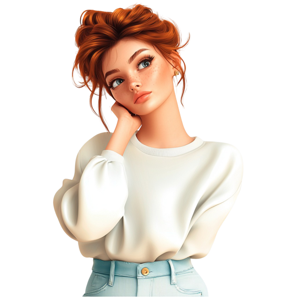 Thoughtful young woman in a white sweater a curious expression png