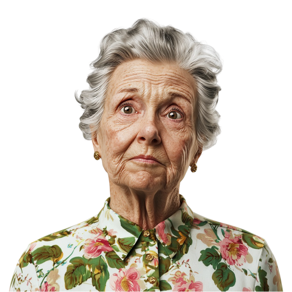 Elderly woman gray hair wearing a floral dress a serious look png