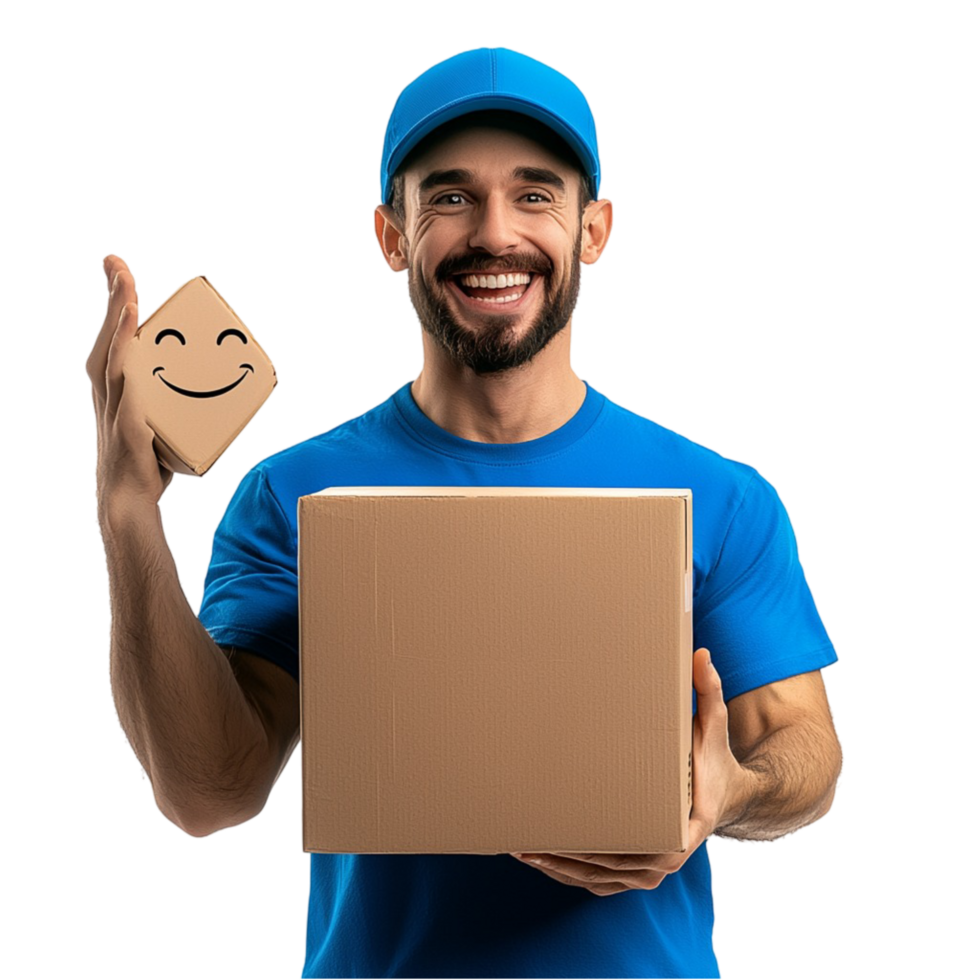 Happy delivery man wearing a blue uniform holding a cardboard box png