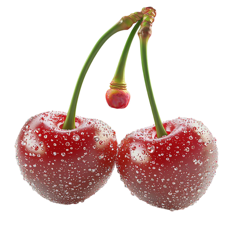 Two red cherries covered in tiny water droplets on a thin stem png