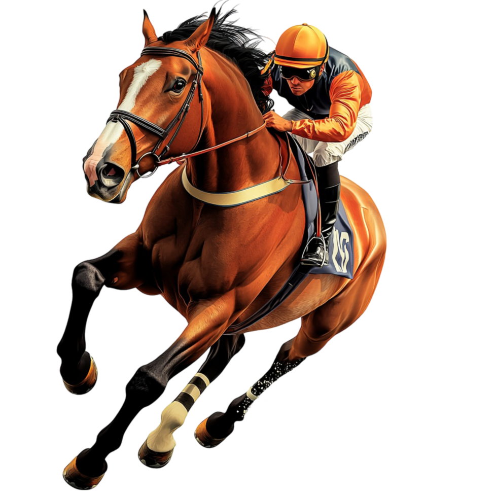 Professional jockey riding a powerful brown racehorse at full speed png