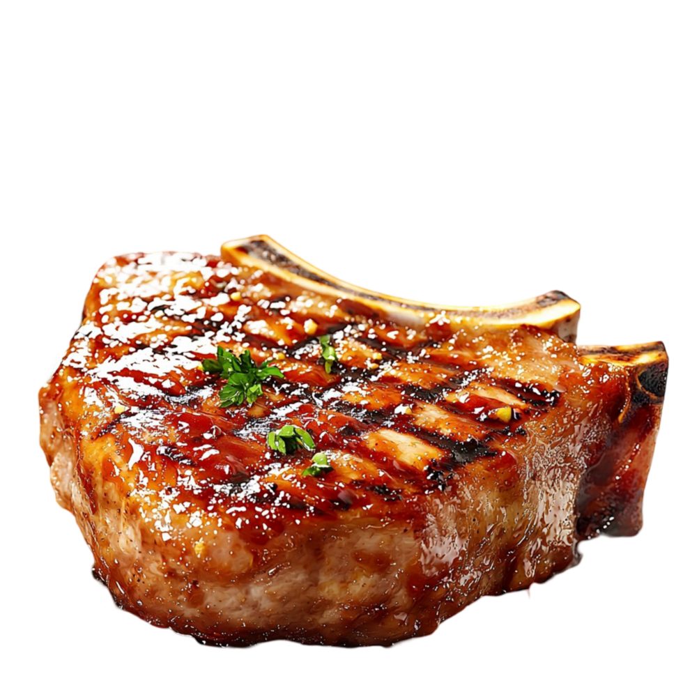 Juicy grilled pork chop a golden brown crust herbs on top png