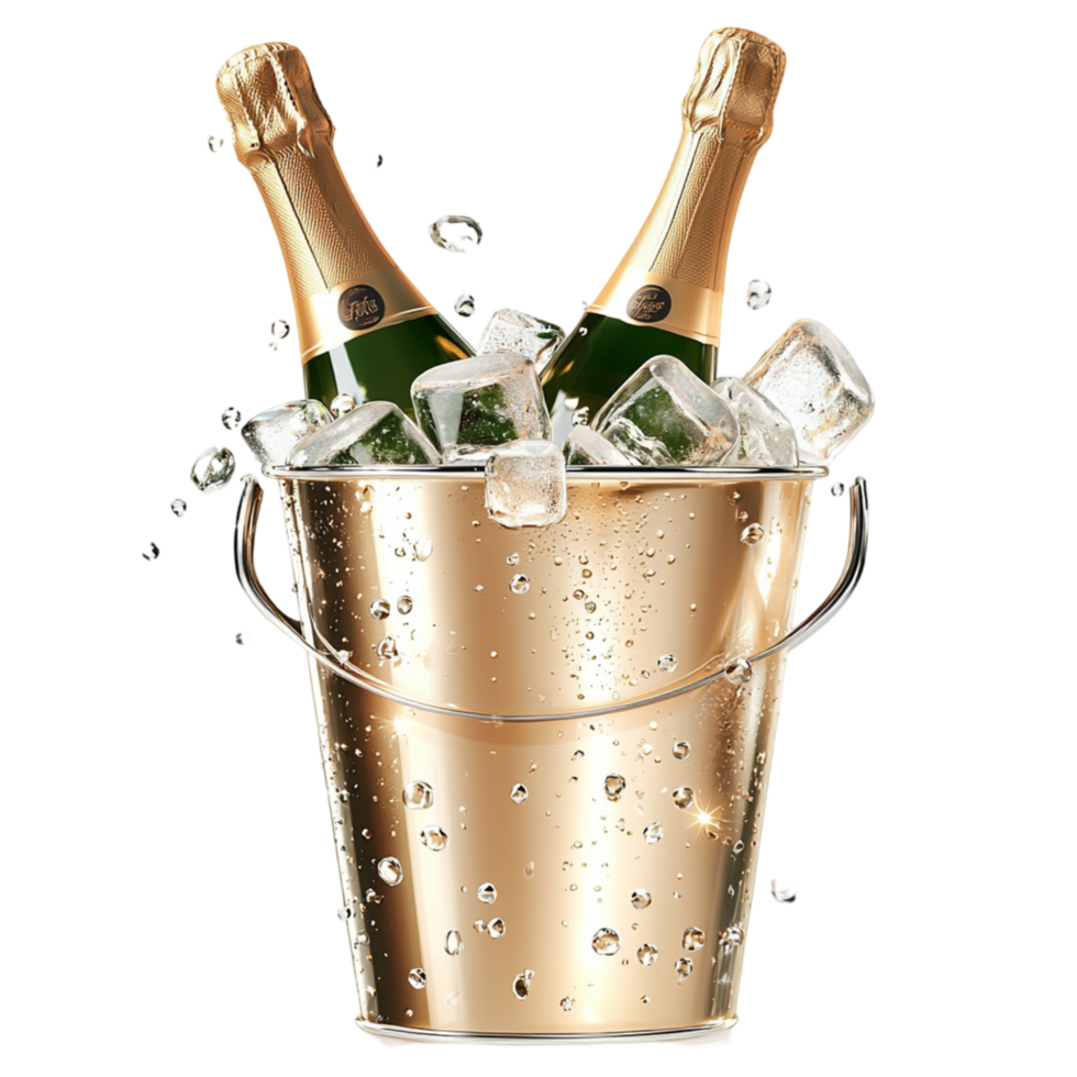 Chilled champagne bottles placed in an golden ice bucket ice cubes png