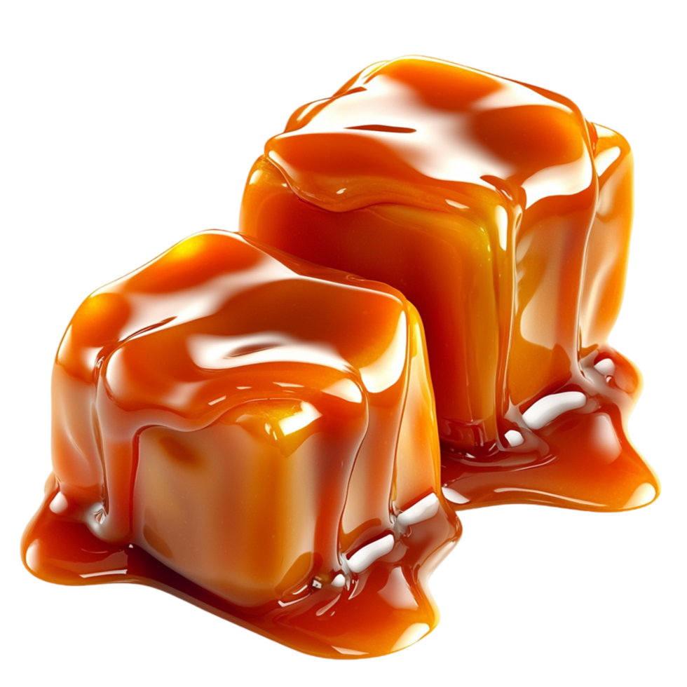 caramel cubes covered in a glossy melted caramel coating png