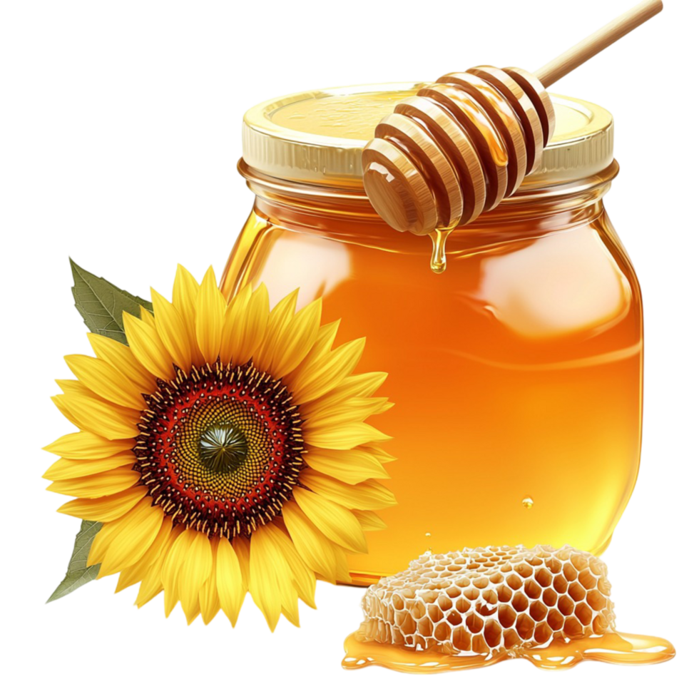 Golden honey jar a wooden dipper a sunflower beside it png