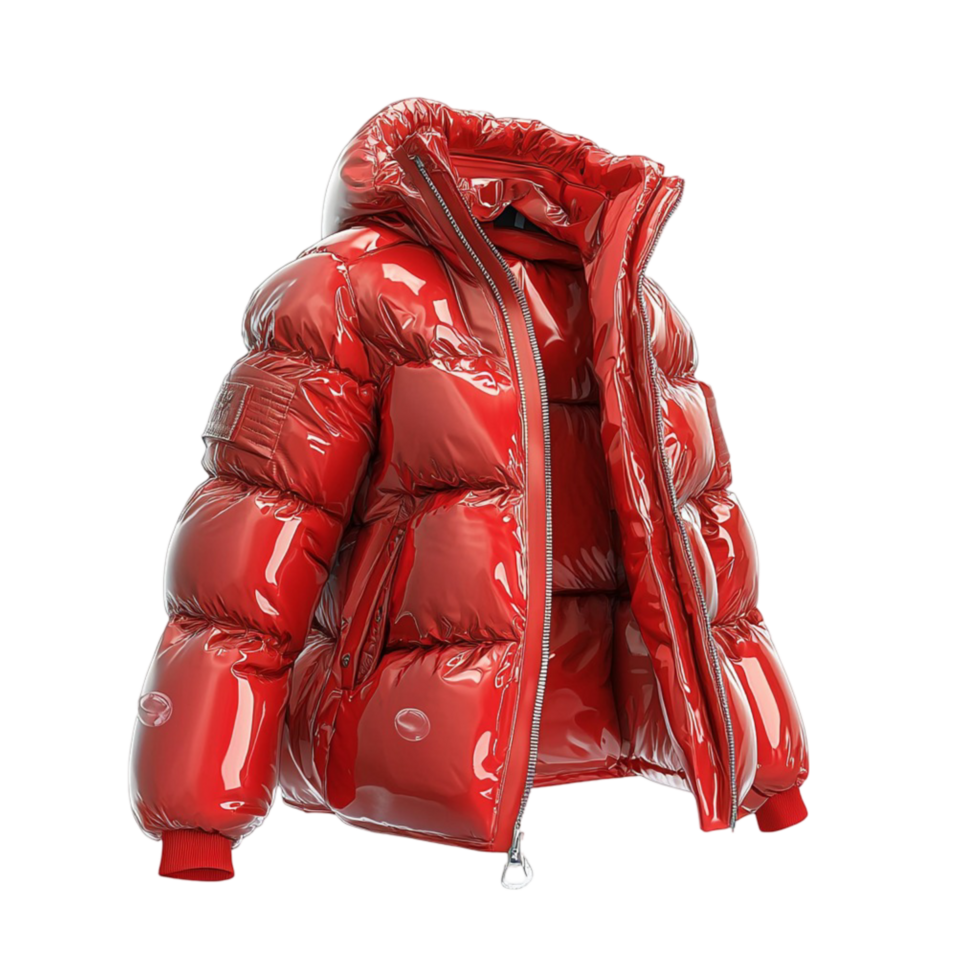 Puffy red winter jacket a glossy surface warm insulation png