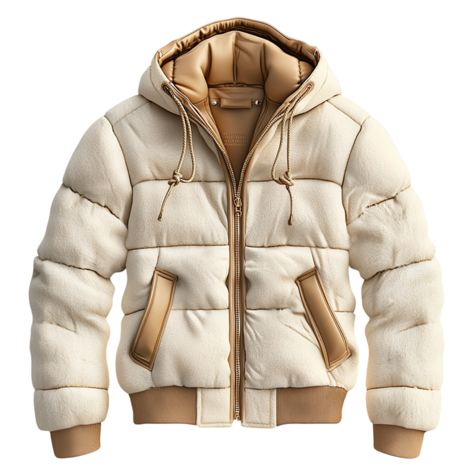 Cozy beige puffer jacket fur lining warm design png