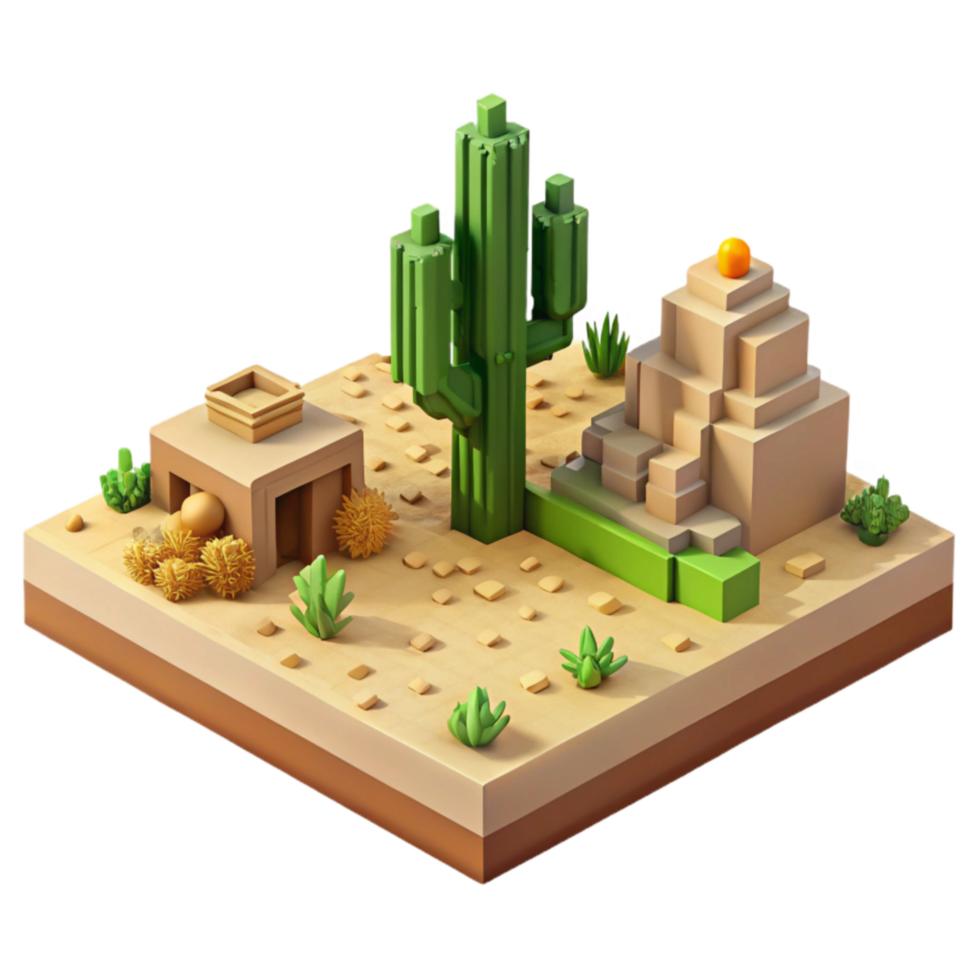 vibrant traditional Pixel Art Desert Landscape with Cactus Transparent Background high resolution png