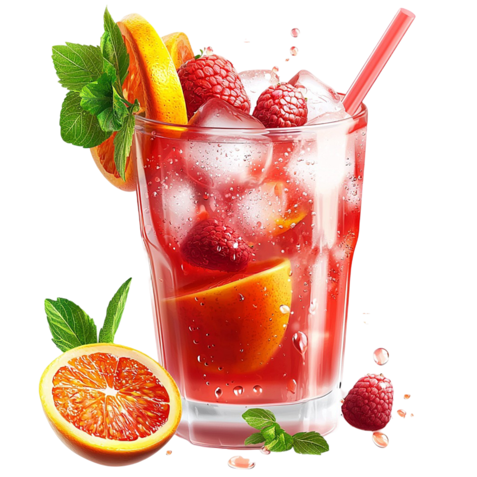 Reing cocktail raspberries citrus slices mint leaves png