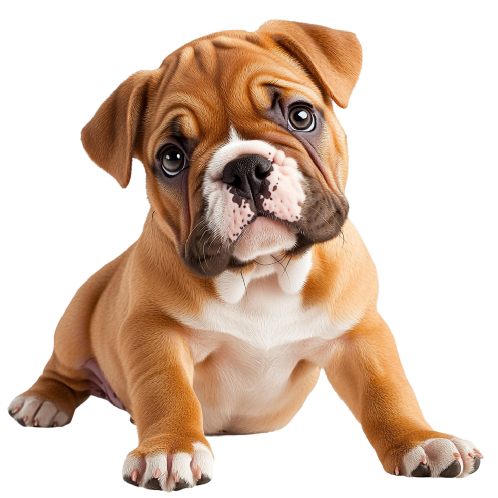 Adorable brown white bulldog puppy sitting a curious expression png