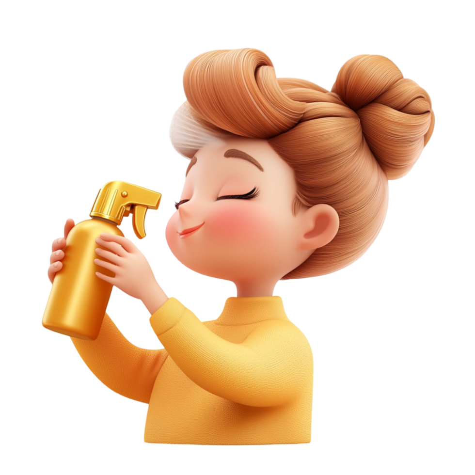Cute cartoon girl happily spraying perfume from a golden bottle joy png