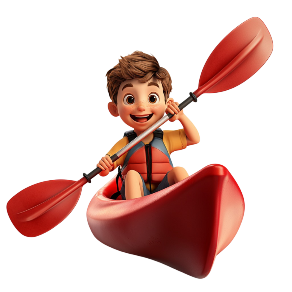 Happy boy paddling a red kayak great enthusiasm png