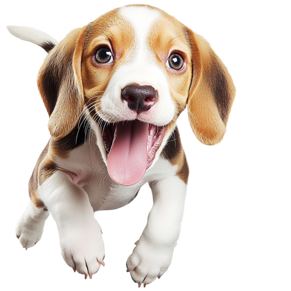 Playful beagle puppy running its tongue out excitedly png