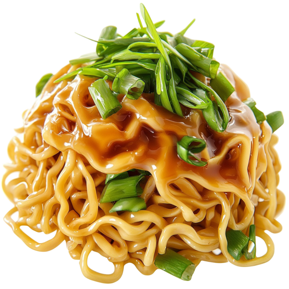 cooked noodles topped green onions sauce png
