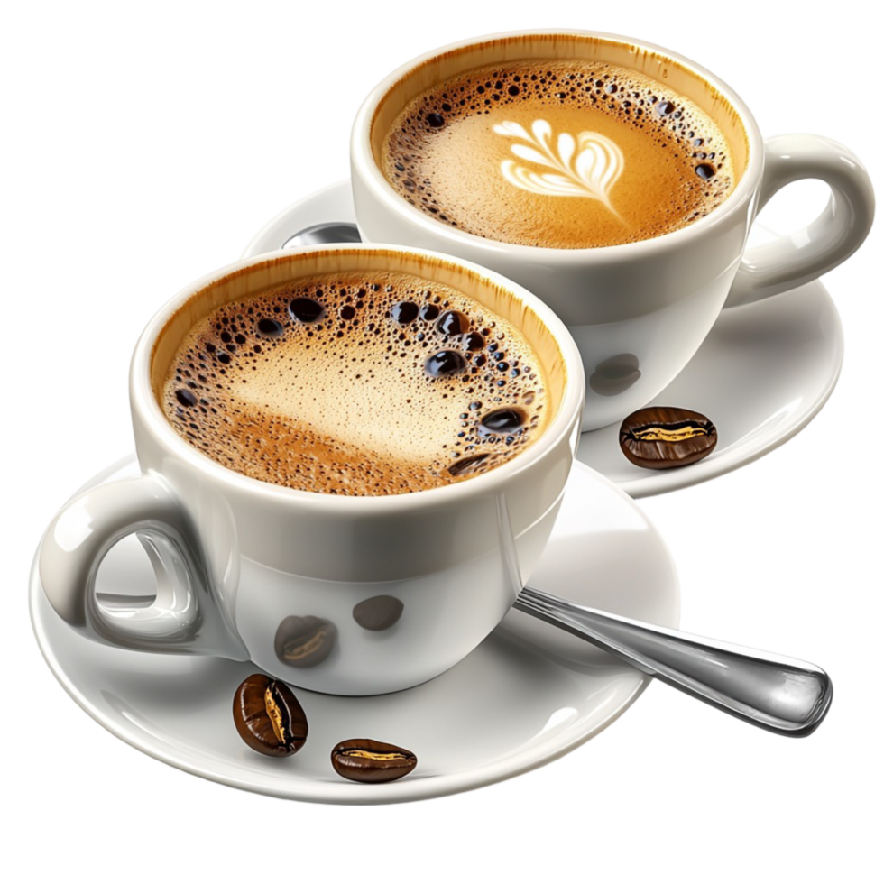 Two cups of hot espresso creamy foam on top png