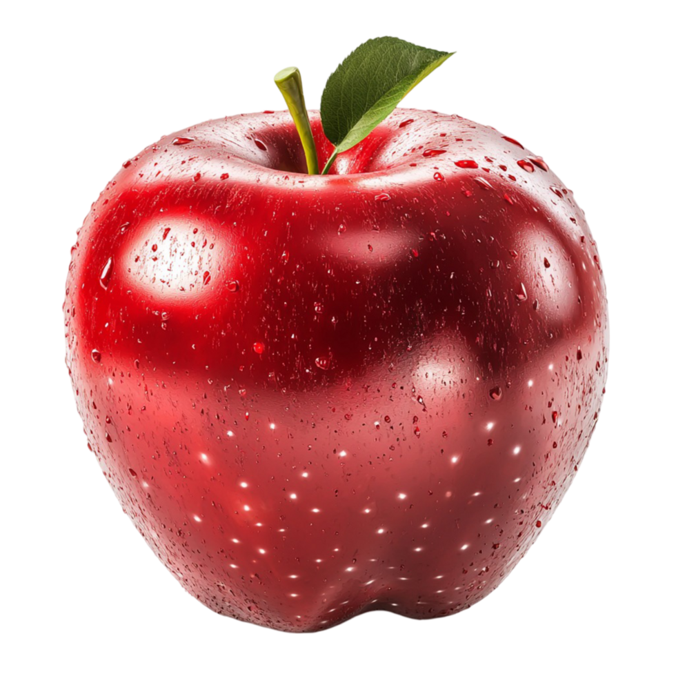 Shiny red apple covered in dewdrops a green leaf png