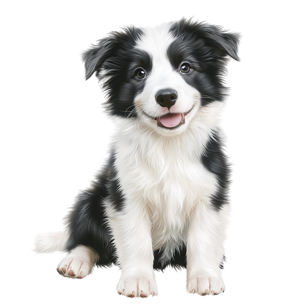 Cute black white puppy sitting a happy expression png