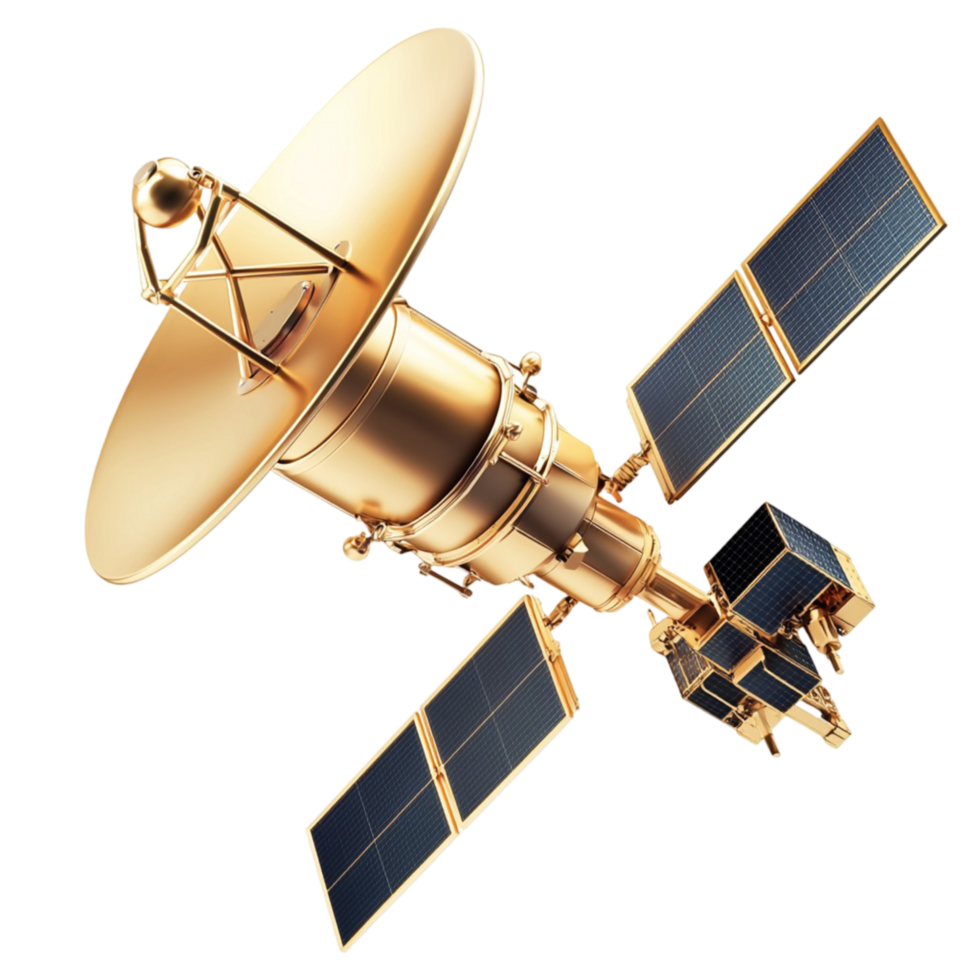 Golden satellite large solar panels orbiting in space png