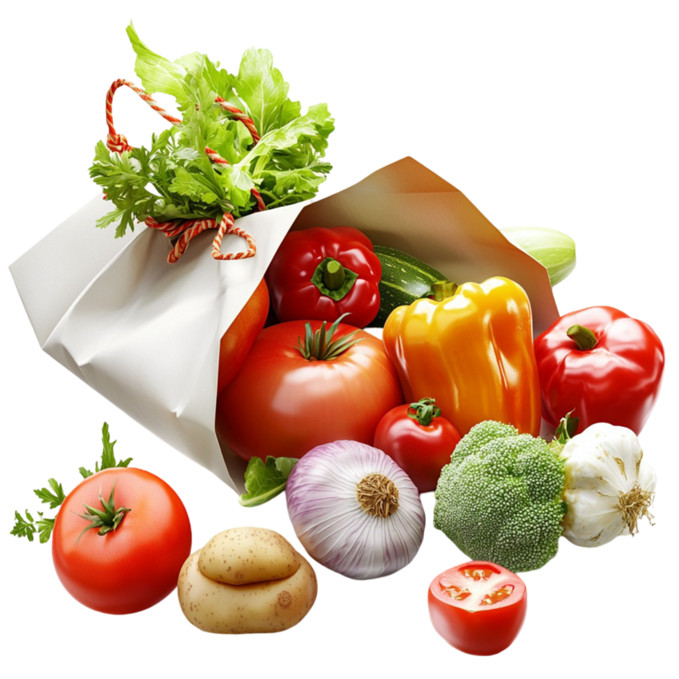 grocery bag filled colorful vegetables herbs png
